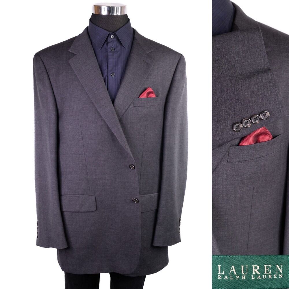Ralph Lauren Mens Two Button Gray Blazer Wool Solid Sport Coat Jacket Size 48L